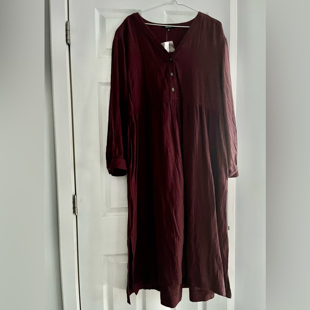Madewell Deep Burgundy Long Sleeve Cotton Dress with Button Front with Pockets